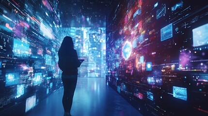 Wall Mural - A woman standing in a futuristic hallway with glowing digital screens and a blurred city backdrop.