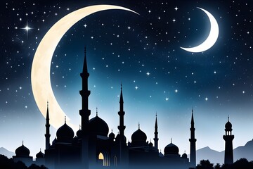 A moon is shining on a city with a large mosque in the background