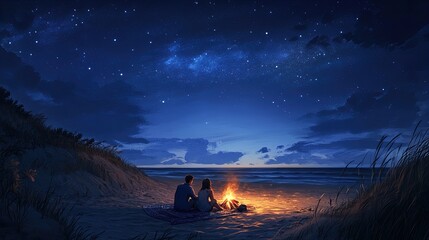 Romantic Night at the Beach: Couple by a Campfire Under Starry Sky - Perfect Poster for Cozy Home Decor or Relaxing Spaces