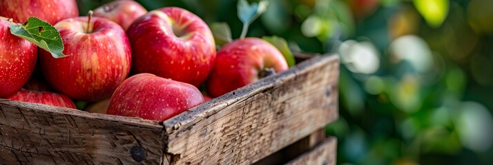 A wooden crate filled with fresh, red apples surrounded by greenery.