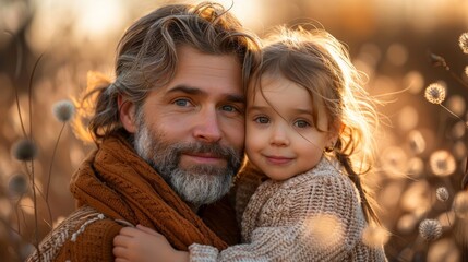 Father and daughter embrace outdoors during golden hour with soft sunlight illuminating their faces