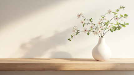 Wall Mural - A white vase with flowers sits on a wooden table. The vase is filled with white flowers, and the sunlight is shining on it, creating a warm and inviting atmosphere