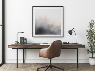 Poster - Frame Mockup Behind Contemporary Desk with Ergonomic Chair and Accessories