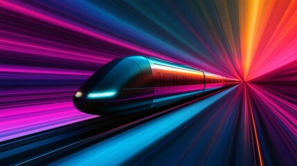 A train is traveling through a tunnel with colorful lights