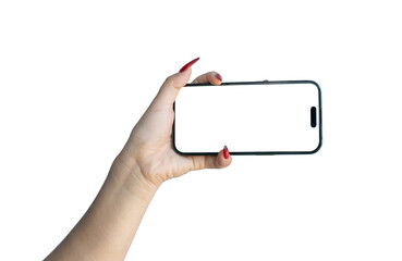 Canvas Print - female hand holding smartphone isolated on transparent background - png format.