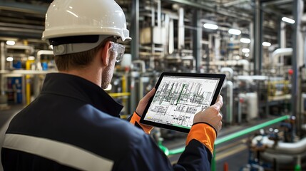 Wall Mural - A worker in a helmet using a tablet to monitor industrial processes in a factory setting.