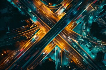 Wall Mural - aerial view of a highway intersection at night showing traffic flow on the roads, with a city backgr