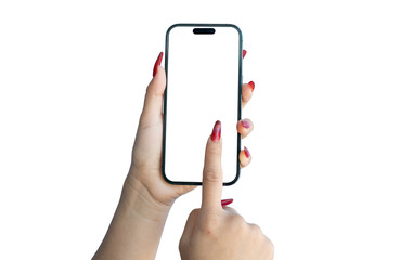 Canvas Print - female hand holding smartphone isolated on transparent background - png format.