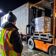 Wall Mural - A worker supervises a forklift loading pallets at a shipping yard at night.