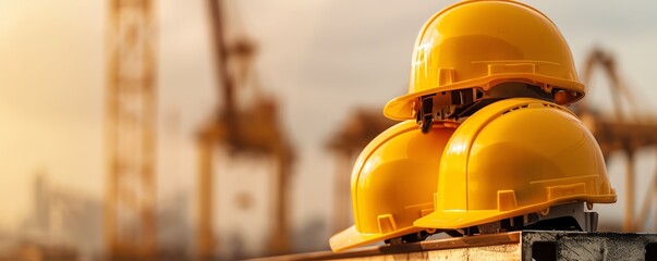 Three yellow construction helmets stacked on a metal beam at a construction site with cranes in the background during sunset.