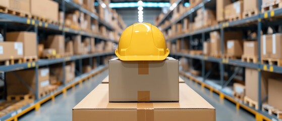 Yellow hard hat on top of cardboard box in large warehouse aisle with shelves filled with brown packages and containers.