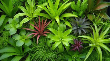 Sticker - Lush tropical foliage featuring vibrant green bromeliads and striking red-tinged air plants in a dense, diverse garden setting.