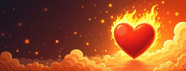 Flaming Heart Passionate Symbol of Love Against Glowing Clouds with Copy Space