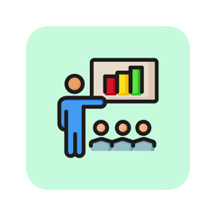 Sticker - Leader showing presentation at conference line icon. Business coaching, meeting, briefing. Training concept. Vector illustration can be used for topics like business, education, marketing