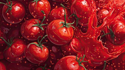 A vibrant illustration for La Tomatina banner, filled with juicy red tomatoes splashing and bursting, capturing the festive and energetic spirit of the event.