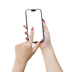 Canvas Print - female hand holding and touching on blank screen mobile phone isolated transparent background, png f
