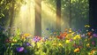 © Boinah - A serene forest scene with vibrant flowers and soft sunlight filtering through trees.