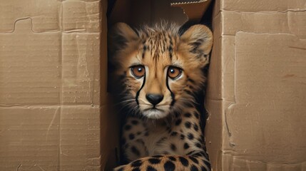 A young cheetah peeks out from a cardboard box, showcasing curiosity and playfulness.