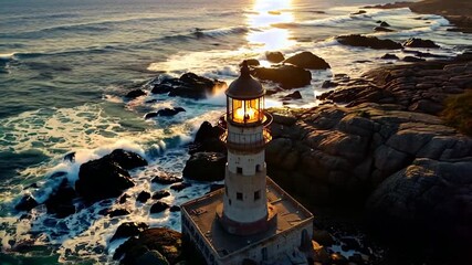 Wall Mural - Sunset view of a coastal lighthouse illuminating rugged rocks and crashing waves on a serene evening