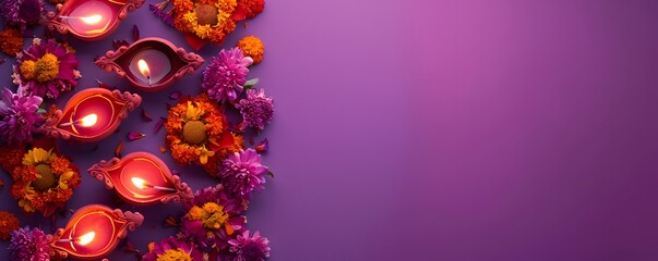 Wall Mural - Lit Diya Lamps with Marigold and Chrysanthemum Flowers on Purple Background