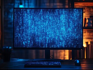 Computer Monitor with Blue Digital Code Background Image