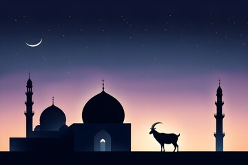 A goat is standing in front of a building with a moon in the sky