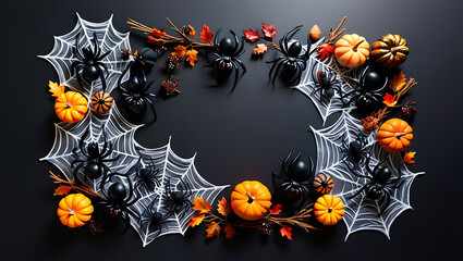 Vibrant happy Halloween flat lay mockup featuring three glossy black spiders, resting on a spider web pattern, amidst autumnal decorations, shot from a top-down perspective with ample copy space