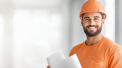 A cheerful caucasian bearded man worker wearing a hard hat, holding a blueprint with a smile