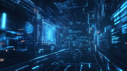 Abstract digital data tunnel with blue glowing lines and code.