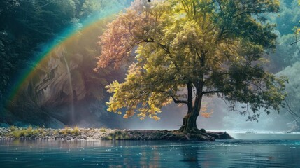 Wall Mural - Big tree in the middle of a beautiful river There was a strange and beautiful rainbow