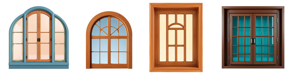 Sticker - set of wooden windows isolated on transparent background.generative AI