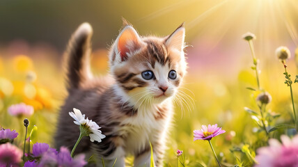 Tiny kitten surrounded by colorful flowers, with the background softly blurred.