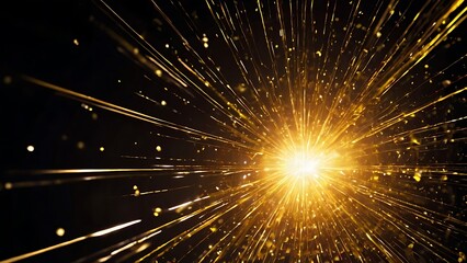 Poster - Bright explosion of golden and yellow light with black background, shiny light burst on solid black surface, abstract background