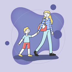 Wall Mural - Mother and son going for walk flat vector illustration. Young woman and boy walking together. Family, spending time together concept