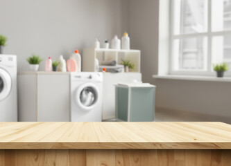 Wall Mural - Wood table for display products on background of blurred laundry room