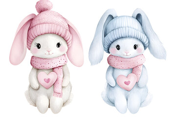 Cute adorable tiny bunny collection with warm hat and scarf isolated on a white background