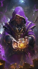 Mage wearing a purple and gold magic outfit and performing alchemy. Witch, wizard, sorcerer