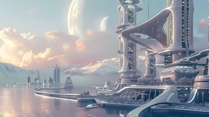 Wall Mural - Futuristic city on a distant planet. The cityscape is dominated by towering skyscrapers,  with intricate designs, reflecting the advanced technology innovation of the future.