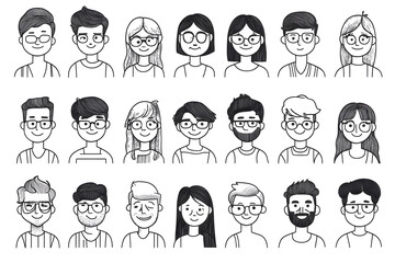 Poster - Black cartoon hand drawn characters for avatar collection isolated on white background. Simple shapes and lines people for mobile game or app interface