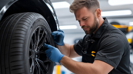 Wall Mural - Automotive Mechanic Working on a Car Wheel, Perfect for Car Repair and Maintenance Advertising