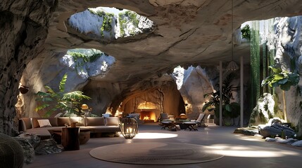 A realistic rendering of a sizable cave room including an organic roof