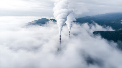 Wall Mural - Industrial Smoke Plumes Rising Above Mountain Clouds - Dramatic Environmental Image