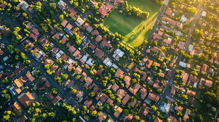 Aerial view of a residential area with houses and green spaces.