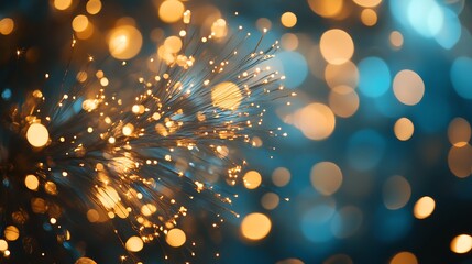 Blurred bokeh golden light on dark blue background. Christmas and New Year holidays template. Abstract glitter defocused blinking stars and sparks.