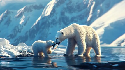 Wall Mural - Mother polar bear sharing a fish with her cub in a frozen landscape.