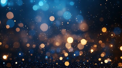 Blurred bokeh golden light on dark blue background. Christmas and New Year holidays template. Abstract glitter defocused blinking stars and sparks.