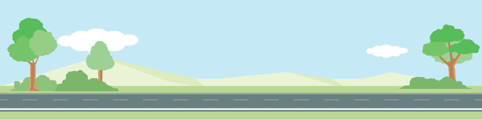 Horizontal or landscape of smooth asphalt road. On the wide grassland. There were grasses and trees growing on both sides. Softw color of mountain and blue sky with white clouds.