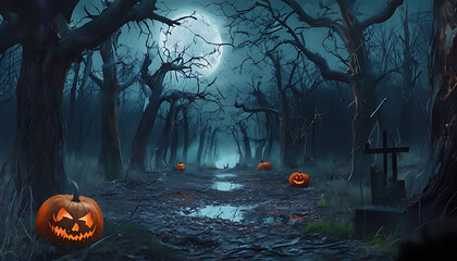 Mysterious forest with a moonlit, path with little water and a Halloween backdrop, spooky death Forest At Halloween Night.