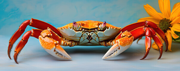 Close-up of a vibrant crab with sharp claws against a blue background, complemented by a yellow flower in a coastal setting.