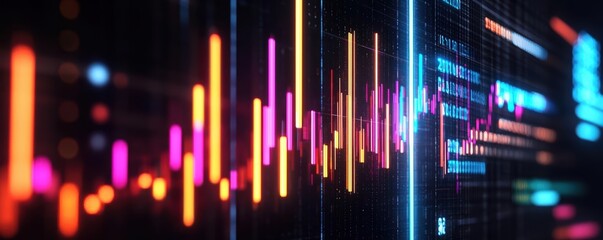 Wall Mural - Abstract neon lights data visualization with dynamic bars and lines, digital technology, futuristic concept.